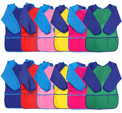 XIEJINJIA 12 Pack Kids Art Smock with Long Sleeve 3 Roomy Pockets Artist Children Aprons for Age 3-8 Cooking Painting Craft