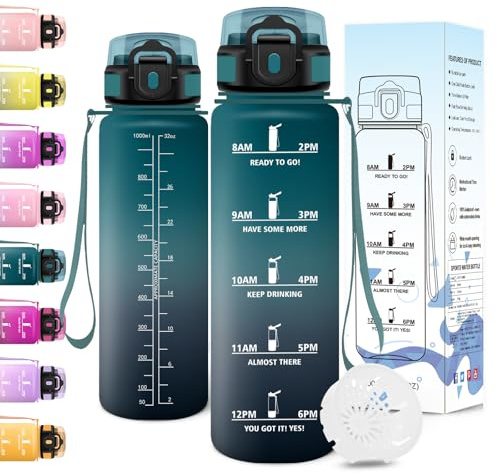 Motswedi Gourde Sport, 1000ml Anti Fuite, Gourde 1l, Réutilisable, Bouteille d'eau, sans BPA, Bouteille Reutilisable, pour Adulte, Randonnée, l'école, Fitness, Yoga, Vert Foncé & Gris