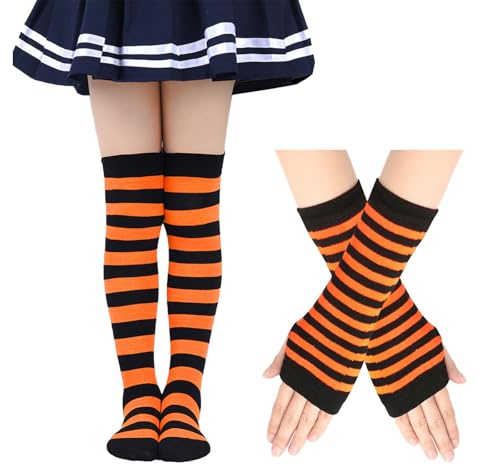 EQLEF Fancy Kniestrümpfe Mädchen 6-10 Jahre, Stulpen Mädchen mit Langen Fingerlosen Handschuhen Mädchen Kostüm Oberschenkel Hohe Socken für Weihnachten Halloween Karneval Themenparty