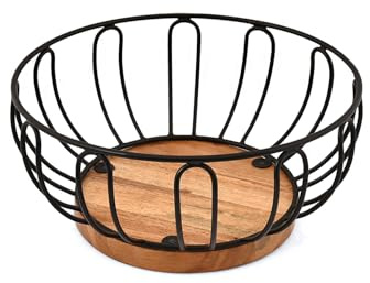 Indus Lifespace Fruit Bowl Iron Wire Basket with Acacia Wood Base for Kitchen Countertop & Dining Room and Pantries (9 x 9 x 4)
