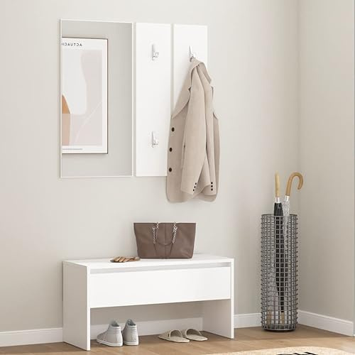 Teenpull Garderoben-Set, weiß, Holzwerkstoff, multifunktionale Bank mit Stauraum für Schuhe, Spiegel und Kleiderhaken für Flur, Eingang, Diele