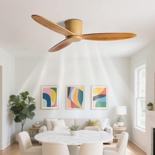 IBalody Ventilatori da soffitto a Filo con Telecomando Ventilatore da soffitto in Legno massello Senza luci Ventilatore da soffitto Moderno a 6 velocità Senza Luce 3 Pale in Legno per Camera da Letto