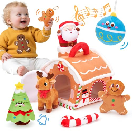 hahaland Jouet bébé 6 Mois, Maison en Pain d'Épices de Noël - Jouet Eveil Bebe 6-12 Mois, Jouets Sensoriel en Peluche, Jeux Montessori Enfant Cadeau pour Bebe 1 an Garçon Fille