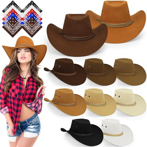 SWHCM 10er Set Cowboyhut und Halstuch für Damen und Herren – 10 Filzhüte im Westernstil mit 10 Bandanas – Cowboy Kostüm Zubehör für Erwachsene und Mottoparty (Vintage-Stil)