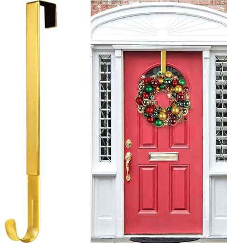 ABCHCHS Wreath Hanger for Front Door - Adjustable Length 15-25 Inch Metal Door Hanger - 20 lbs Larger - Over Door Hooks for Hanging Welcome Sign- Wreath Holder for Christmas Decorations（Gold