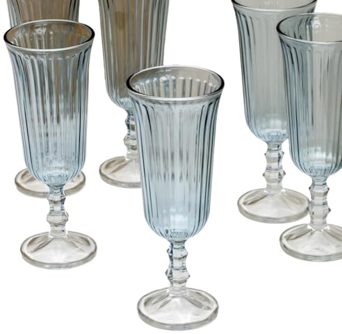 Darthome Vintage Ribbed Glass Champagne Flutes, Blue Tinted with Clear Stem, 120ml Capacity, Set of 6, 6x16x6cm, Dishwasher Safe