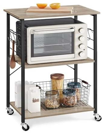 kitchen trolley kitchen cart Kitchen Cart with 3 Shelves, for Mini Oven, Toaster, with 6 Hooks, Industrial Style, Greige, 15.7 x 23.6 x 35 Inches kitchen cart on wheels