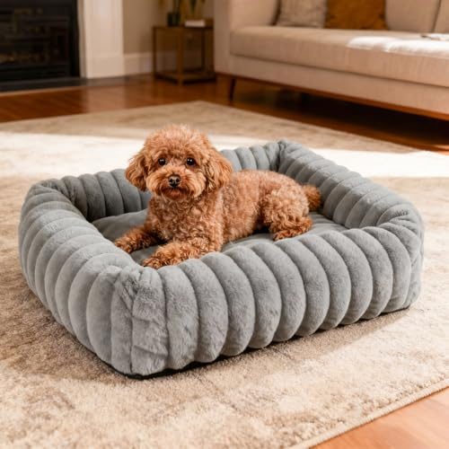 GBKDQQ Lit orthopédique pour chien de taille moyenne, 63 x 53 x 18 cm, panier lavable avec bord haut, rectangulaire, polaire côtelée, panier antidérapant, canapé pour chien, gris
