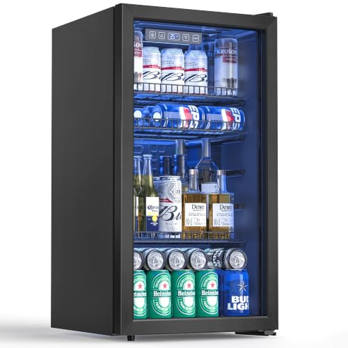 Airfish Getränkekühlschrank 90L mit Glasfront, Mini-Kühlschrank mit verstellbaren Regalen – Für 128 Dosen, Bier, Wein & Getränke – Ideal für Haushalt, Bar, Büro
