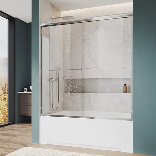 ELEGANT Bathtub Shower Door 60 W x 57 H, Double Sliding Bathtub Door with 2 Handles, 1/4'' Tempered Glass, Semi-Frameless Sliding Tub Shower Glass Door, Chrome Finish