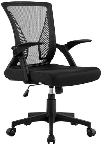 Yaheetech Silla de Escritorio Oficina Ergonómica con Reposabrazo Abatible Malla Transpirable Función de Inclinación Silla para Estudio Negra