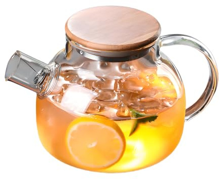 Glass Pitcher with with Bamboo Lid and Handle,Borosilicate Cold Hot Water Carafe Jug for Beverages Wine,Coffee,Milk,Juice Iced,Tea,Dishwasher Safe (1000ML)