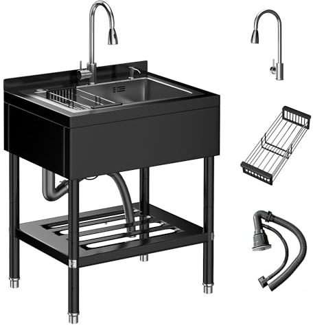 Freestanding Heavy-Duty Stainless Steel Utility Sink, Deep Basin Work Sink for Garage Workshop Laundry Room & Man Cave, Black Industrial Sink with Splash Back 25.7 × 20.7 × 39.5