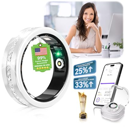 IUHFSIFS 10. Gen Diamant Smart Ring und Kabelloses Ladeetui 【IP68 Wasserdicht-0 Messfehler】 Smartring Fitness Ring with Heart Rate, Sleep Monitor, Pedometer for iOS and Android Silber 7#