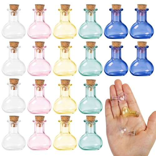 BLMHTWO Lot de 20 mini bouteilles en verre colorées de 2 ml avec bouchon en | Mini bocaux avec couvercles pour loisirs créatifs, projets de bijoux, pendentifs, cadeaux de fête