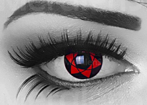 EIN PAAR Farbige Manga Anime Cosplay 14mm Kontaktlinsen 'Big Uchiha' mit gratis Linsenbehälter und Kombilösung. Perfekt für Fasching!