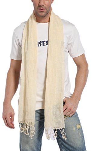 Prettystern Homme 100% Lin cheche 195cm longue Écharpe Foulard Printemps et d´Été Casual avec frangé T22 Crème d´Ivoire