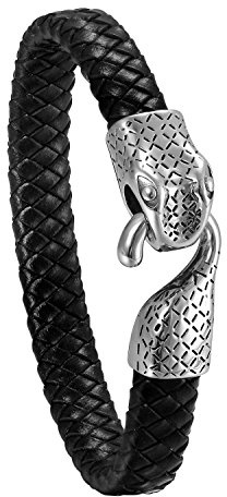 JewelryWe Schmuck Herren Armband, Gotik Edelstahl Schlange Geflochten Leder Armband Armreif, Schwarz Braun Blau Silber