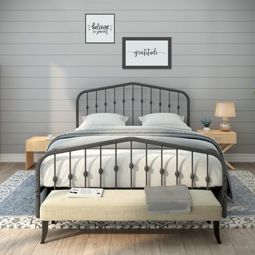 AMBEE21 Washington Full Metal Bed Frame with Headboard and Footboard Platform/Wrought Iron/Heavy Duty/Metal Slat/Grey Silver/No Box Spring Needed