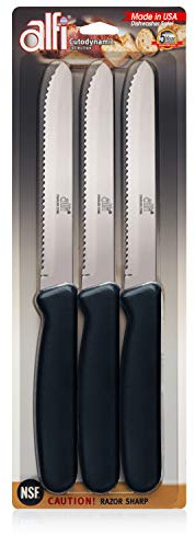 Alfi All-Purpose Knives Aerospace Precision Rounded Tip - Home And Kitchen Supplies - Serrated Steak Knives Set | Made in USA (3 Pack, Classic Black)