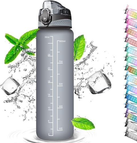 Auckpure Trinkflasche mit Strohhalm 1L, Wasserflasche mit Zeitmarkierungen, Wasserflasche Frei BPA, 1 Klick Öffnen in Water Bottle, Sportflasche, Fahrradflasche