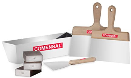 Lagerverkauf! COMENSAL® - Spachtelkasten aus Rostfreiem Stahl 7-teiliges set - Breitspachtel 200/240 - Spachtel 150 - Schleifschwamm 3er - Ergonomischem Griff - Made in EU