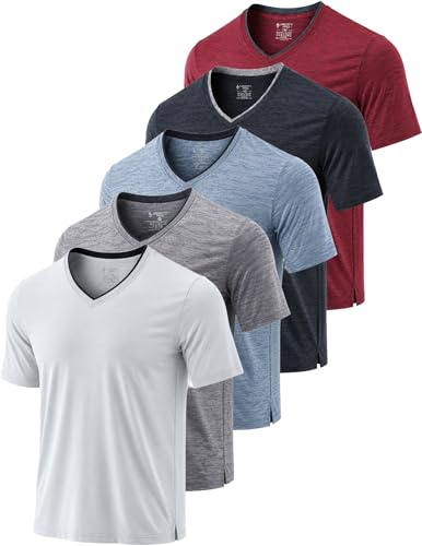 Lot de 5 t-Shirts à col en V pour Homme - Coupe sèche - Haut d'entraînement athlétique à Manches Courtes pour Homme - Évacuation de la Transpiration, Set 1, Taille M