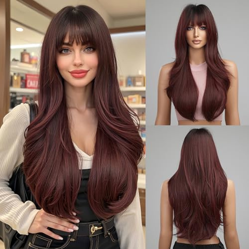 Esmee Perruque Ombre Rouge Perruque pour Femmes Cheveux Naturels Synthétiques Ondulés et Bouclés Bourgogne avec Frange pour Soirée Quotidienne Cosplay - 24 Pouces