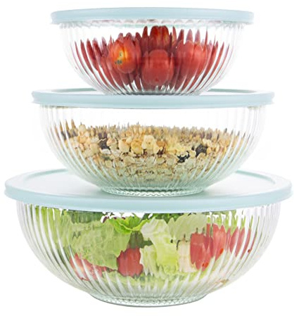 WhiteRhino Set di 3 ciotole in vetro con coperchio (3,7 QT, 2,1 QT, 1,1 QT), grandi insalatiere da cucina, ciotole salvaspazio in vetro trasparente per cucinare, cuocere, preparare, lavabili in