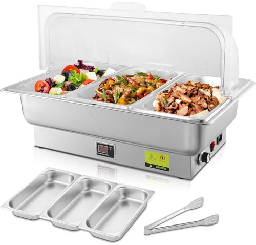THXSUN 700W Electric Chafing Dish, 3 x 3QT Stainless Steel Chafing Dish Buffet Set with Rotary Knob to Adjust Temp 0°C~100°C, Buffet Servers and Warmers with Roll Top & Temp Display for Catering Party