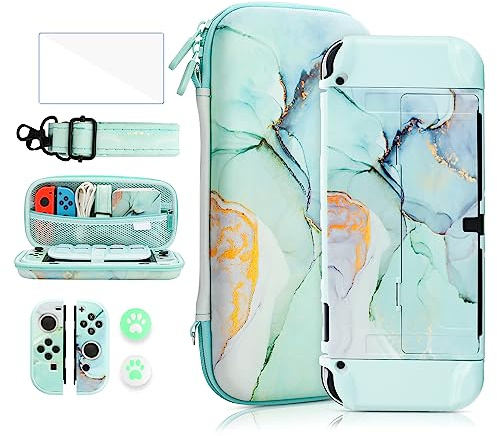 FANPL Case Bundle für Nintendo Switch OLED-Zubehör, Tragetasche für Switch OLED und Joy Con mit Flip-Schutzhülle und Displayschutzfolie, 4 Daumengriffe, Schultergurt – Marble Jadeite Green