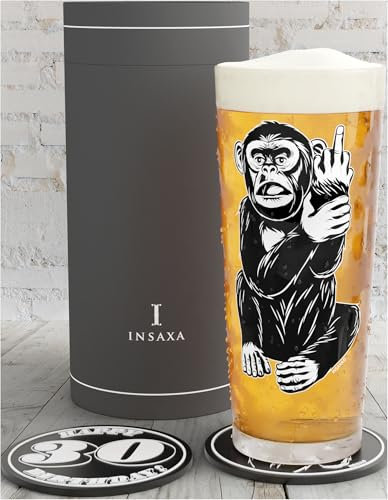 Insaxa 30th Birthday Gifts for Men - Cheeky Monkey 30th Beer Glass (1 Pint/580ml) and 2 Silicone Coasters - Funny 30th Birthday Gifts for Men Presents for 30th Birthday Gift Ideas