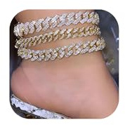 Jacruces 14K Gold Plated Ankle Bracelets for Women Cuban Link Anklets Plus Size Ankle Bracelet Layered Link Anklet Set Rhinestone Bling Anklets Jewelry for Women Gift Set