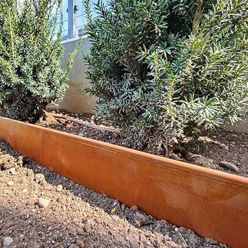 Corten Borde de césped de acero de 5 m (5 x 1 m), parte superior redondeada, bordes curvados, cercado para huertos, 16 cm de altura