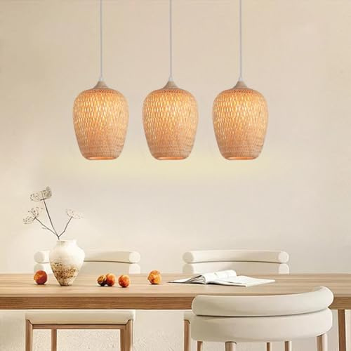 MyLjp Retro Pendelleuchten Boho Esszimmer Bambus Hängelampe Natürliche Rattan Pendellampe 3-Flammig E27 Leuchte Höhenverstellbare Kronleuchter Vintage Lampenschirm Schlafzimmer Wohnzimmer Restaurant