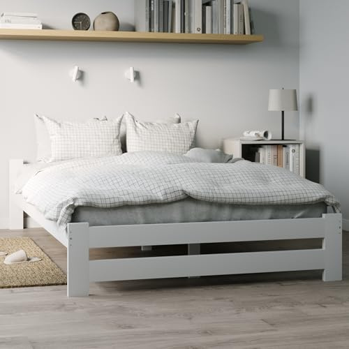 Holzbett 140x200 cm mit Lattenrost Modern Bett Bed Kiefer Massiv Bettgestell Doppelbett Massivholzbett Klassisch | Komfortabel & Langlebig | Skandinavisch Boho Landhaus Kopfteil flach weiß