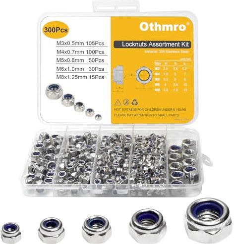 300pcs Locknuts Assortment Kit M3 M4 M5 M6 M8 Hex Nuts Set 304 Stainless Steel Metric Assorted Self-Locking Nylon Insert Right Hand External Hex Drive with Plastic Box