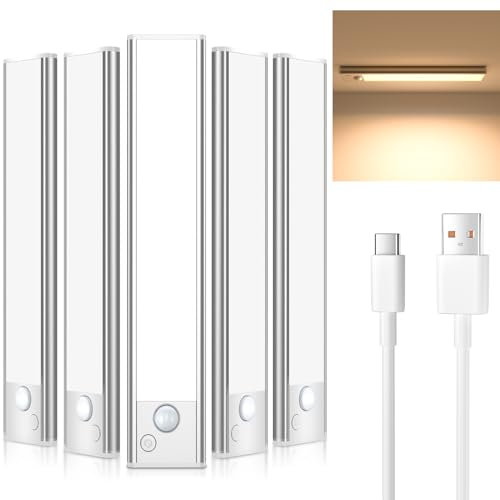 Unterbauleuchte Küche Led Schrankbeleuchtung Bewegungsmelder - Warmweiß 5 Stück 20 CM Licht USB Aufladbar Innen Batterie Aufladbar Led Schrank Leiste Lampe für Kleiderschrank Unterschrank Küchen