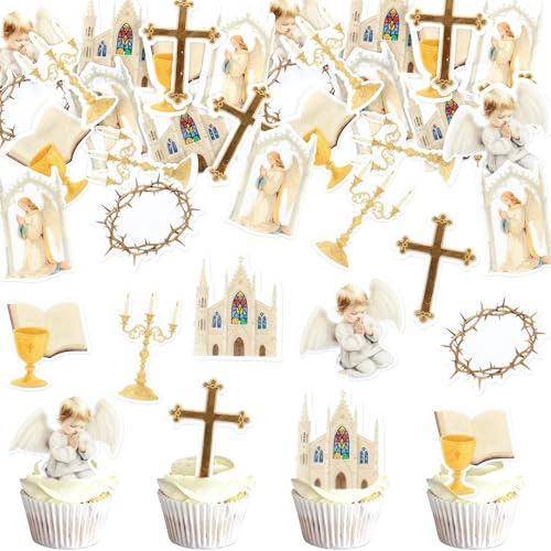 42Stk Essbare Engel Kreuz Kuchen Topper Kirche Krone von Dornen Bibel Torten Toppers für Baby Erste Taufe Kommunion Kuchen Dekorationen Christlicher Geburtstag Kirchendienst Party Dekorationen