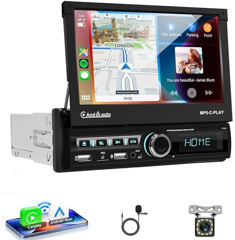 VECHTEL Autoradio 1 Din mit Drahtlos Carplay Android Auto, 7 Zoll IPS HD Elektrisch Einziehbar Touchscreen Autoradio, Bluetooth Link Spiegeln FM 2USB/AUX Lenkrad-Bedienelemente Rückfahrkamera
