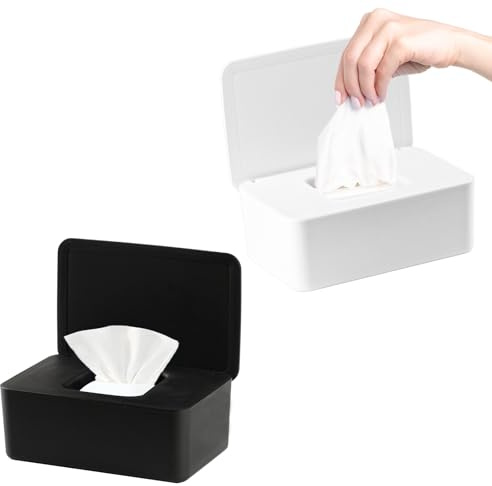 2 Stück Feuchttücher-Spenderbox, Baby-Feuchttücher-Box, Spender, trockene und nasse Seidenpapier-Etui, Taschentuch-Aufbewahrungsbox mit Deckel, hält Tücher frisch (weiß + schwarz)
