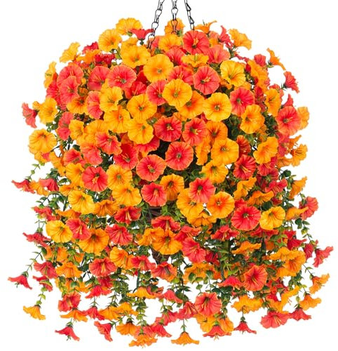 Artificial Hanging Flowers with Basket Outdoors Fake Flowers Plants,3 PCS Faux Silk Yellow and Orange Morning Glory Flowers with Eucalyptus Leaves Realistic Greenery Vines for Wall Home Porch Patio