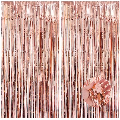 2pcs Tinsel Curtain Silvery Glitter, 3ft X 6.4ft Aluminum Foil Flow Curtain Background Streamer, Girls Tinsel Curtains Pastel Foils Fringe,Birthday Party Wedding Backdrop Decoration(Rose Gold)