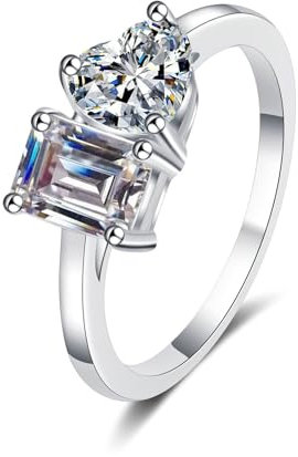 Schmuck Ring, Vintage Ring 18 Karat (750) Weißgold Rechteck und Herz mit 2 Karat Weiß Laborgewachsener Diamant Größe 49 (15.6)
