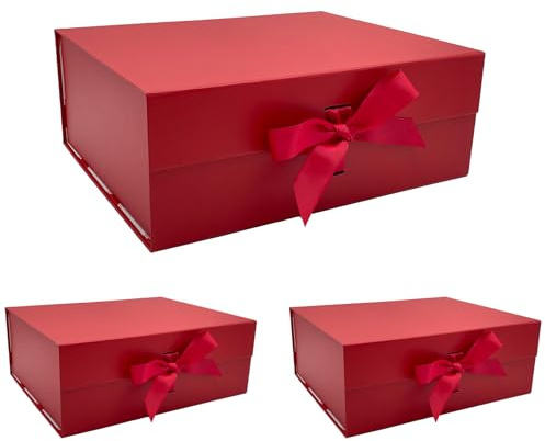 Tekhoho 3er Pack Rot Große Geschenkbox 33.5x27x12.5cm, Premium Geschenkbox mit Magnetdeckel und Geschenkband für Feiertage Hochzeit Geburtstag Geschenkverpackung, kariertes Innenfutter