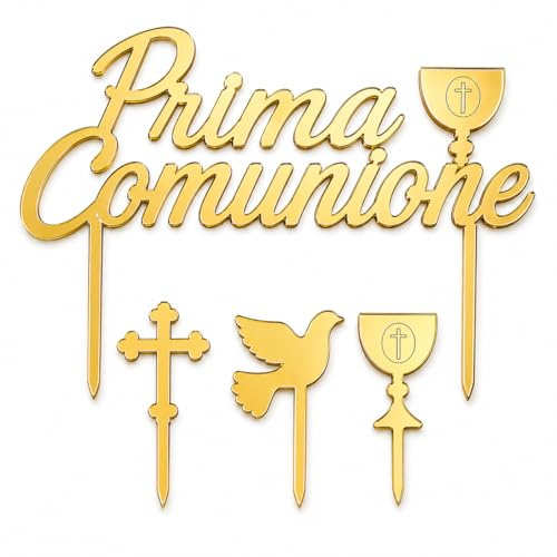 Kit Topper Torta Prima Comunione Oro – 4 Pezzi in Plexiglass Specchiato – Scritta “Prima Comunione” + Mini Topper Calice, Colomba, Croce – Decorazioni Eleganti per Torte e Buffet