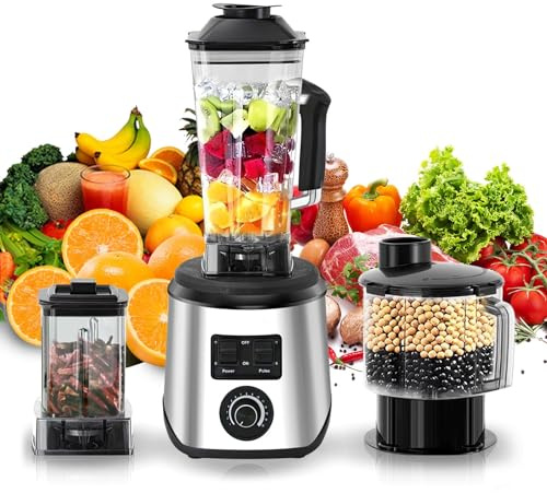 3-EN-1 Blender Mixeur, 9500W Robot Cuisine Multifonctions, Moulin à café, Bol Mélangeur 3L, Cruche 1.5L, Tasse 500ml, sans BPA, pour le jus, le smoothie, le milkshake et le lait de soja (Noir)