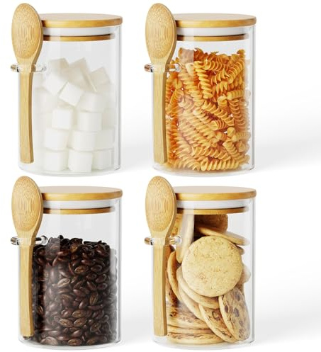 JunVpic 4PCS Storage Glass Jar with Bamboo Lid, Sugar Container, 450ml | Overnight Oats, Salt, Sugar, Spice, Tea, Coffee Bar Station Organizer