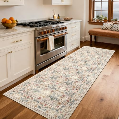 GarveeHome Washable Runner Rug 2x6, Non Slip Floral Kitchen Runner for Hallway Entryway Beige Laundry Bathroom Mat Farmhouse Thin Stain Resistant Carpet for Bedroom Beside Rug