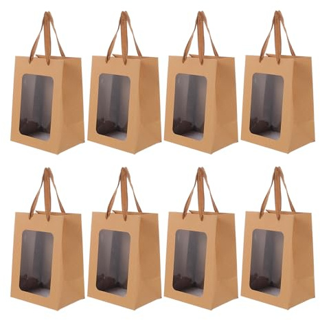 Geschenktüte aus Kraftpapier mit Fenster und Griffen | Präsent und Süßwaren, Einfache Optik, Leicht Tragbar, 10 Stück Packung für Party oder Verpackung